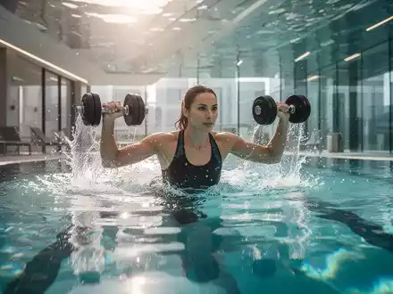 Eine Person trainiert Aqua-Fitness in einem Schwimmbad, hält Wasserhanteln und erzeugt Wasserspritzer. Fokus auf Bewegung und Stärke. - Foto: über boerse-global.de