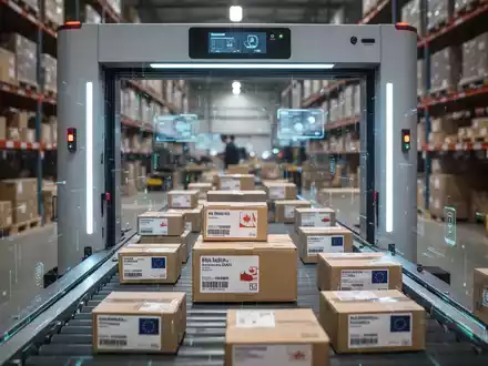 Ein stilisiertes Scanner-Tor verarbeitet zahlreiche kleine Pakete in einem geschäftigen E-Commerce-Lager, das Zollabfertigung symbolisiert. - Foto: über boerse-global.de
