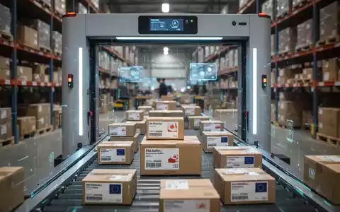 Ein stilisiertes Scanner-Tor verarbeitet zahlreiche kleine Pakete in einem geschäftigen E-Commerce-Lager, das Zollabfertigung symbolisiert. - Foto: über boerse-global.de