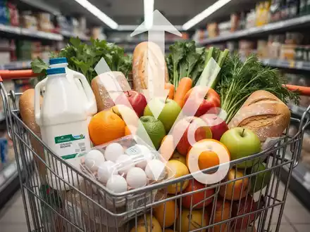 Ein Einkaufswagen, gefüllt mit Grundnahrungsmitteln wie Milch, Eiern, Brot, Obst und Gemüse, symbolisiert die Umsatzsteuersenkung. - Foto: über boerse-global.de