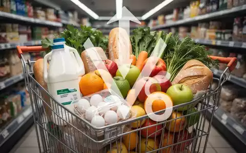 Ein Einkaufswagen, gefüllt mit Grundnahrungsmitteln wie Milch, Eiern, Brot, Obst und Gemüse, symbolisiert die Umsatzsteuersenkung. - Foto: über boerse-global.de
