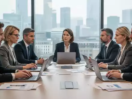 Eine Gruppe konzentrierter Betriebsratsmitglieder sitzt an einem Konferenztisch und diskutiert, umgeben von Laptops und Unterlagen. - Foto: über boerse-global.de