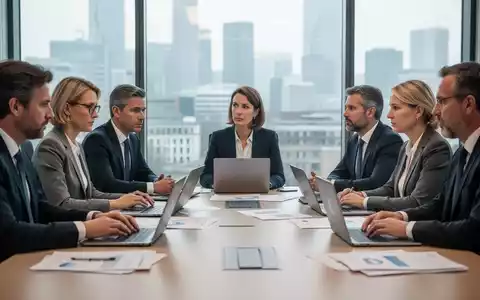 Eine Gruppe konzentrierter Betriebsratsmitglieder sitzt an einem Konferenztisch und diskutiert, umgeben von Laptops und Unterlagen. - Foto: über boerse-global.de