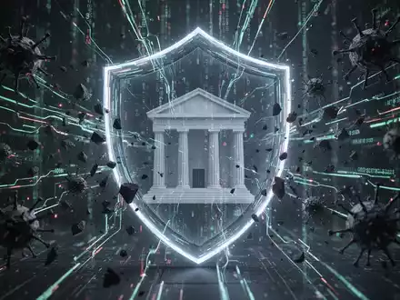 Abstrakte Darstellung von Cybersicherheit. Leuchtende Linien umgeben ein Bankgebäude, während dunkle Fragmente Malware symbolisieren. - Foto: über boerse-global.de