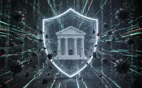 Abstrakte Darstellung von Cybersicherheit. Leuchtende Linien umgeben ein Bankgebäude, während dunkle Fragmente Malware symbolisieren. - Foto: über boerse-global.de