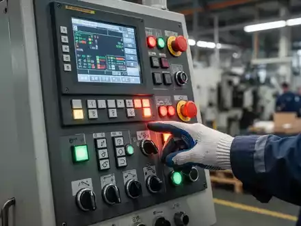Nahaufnahme eines modernen industriellen Bedienfelds mit leuchtenden Anzeigen und der Hand eines Ingenieurs, der einen Knopf drückt. - Foto: über boerse-global.de