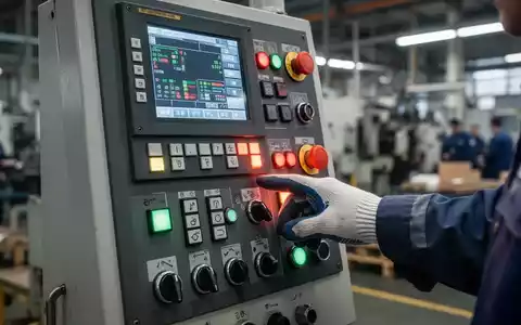 Nahaufnahme eines modernen industriellen Bedienfelds mit leuchtenden Anzeigen und der Hand eines Ingenieurs, der einen Knopf drückt. - Foto: über boerse-global.de