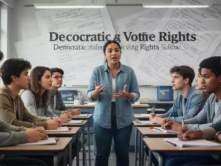 Junge Erwachsene diskutieren in einem modernen Klassenzimmer über demokratische Prozesse und Wahlrechte. - Foto: über boerse-global.de