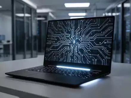 Leistungsstarker Laptop auf Schreibtisch, Leiterplattenmuster auf Bildschirm, symbolisiert fortschrittliche GPU-Technologie. - Foto: über boerse-global.de