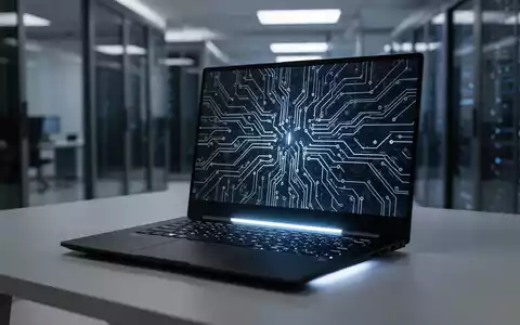 Leistungsstarker Laptop auf Schreibtisch, Leiterplattenmuster auf Bildschirm, symbolisiert fortschrittliche GPU-Technologie. - Foto: über boerse-global.de