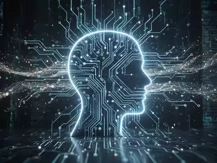 Futuristisches Schaltbrett mit menschlichem Profil und Datenströmen, symbolisiert Vertrauensrückgewinnung in KI-Aktien. - Foto: über boerse-global.de