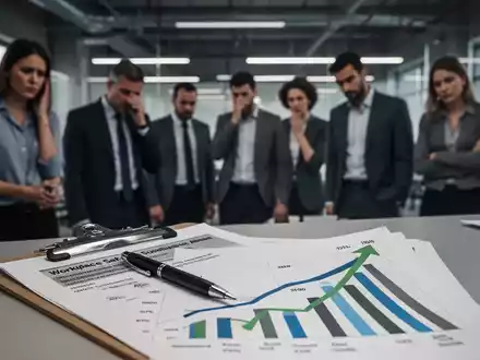 Eine Gruppe von Arbeitnehmern in einem modernen Arbeitsumfeld, mit einem Diagramm im Vordergrund, das steigende Zahlen zum Arbeitsschutz zeigt. - Foto: über boerse-global.de