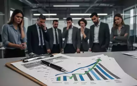 Eine Gruppe von Arbeitnehmern in einem modernen Arbeitsumfeld, mit einem Diagramm im Vordergrund, das steigende Zahlen zum Arbeitsschutz zeigt. - Foto: über boerse-global.de