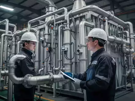 Ein Industriearbeiter in Schutzkleidung inspiziert ein fortschrittliches Staubfiltersystem in einer Fabrikhalle. - Foto: über boerse-global.de