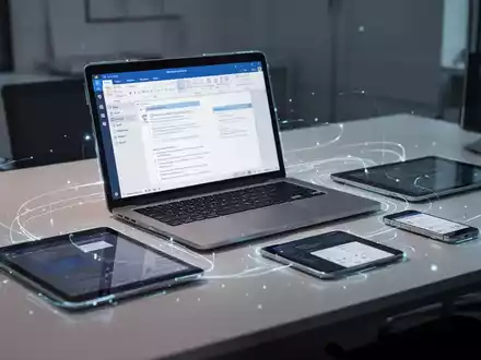 Moderner Schreibtisch mit Laptop, Tablet und Smartphone, verbunden durch leuchtende digitale Linien. - Foto: über boerse-global.de