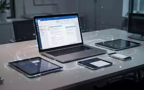 Moderner Schreibtisch mit Laptop, Tablet und Smartphone, verbunden durch leuchtende digitale Linien. - Foto: über boerse-global.de