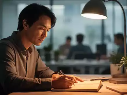 Eine Person sitzt konzentriert an einem Schreibtisch in einem modernen Büro, umgeben von einem weichen Licht und der Andeutung von Kollegen. - Foto: über boerse-global.de