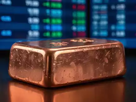 Ein glänzender Kupferbarren mit einer unscharfen Spiegelung eines Börsentickers im Hintergrund. - Foto: über boerse-global.de