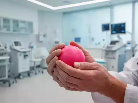 Hände eines Patienten, die einen Stressball halten, mit unscharfem Hintergrund einer modernen Reha-Klinik. - Foto: über boerse-global.de