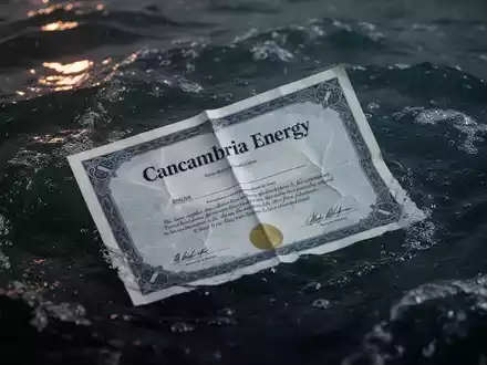 Eine teilweise in dunkles Wasser getauchte Aktienurkunde von Cancambria Energy, die Notlage symbolisiert. - Foto: über boerse-global.de