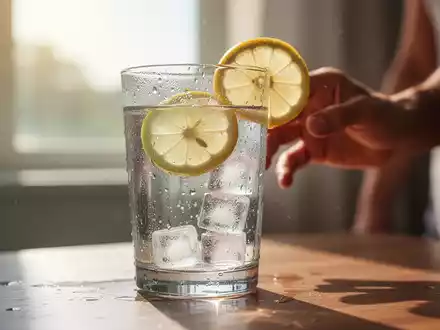 Ein Glas Wasser mit Zitrone und Eiswürfeln, beschlagen von Kälte, vor einem unscharfen Hintergrund. - Foto: über boerse-global.de