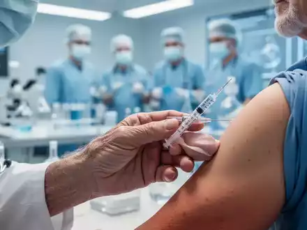 Nahaufnahme einer Hand, die eine Impfung erhält, im Hintergrund verschwommenes medizinisches Personal und Forschungsausrüstung. - Foto: über boerse-global.de