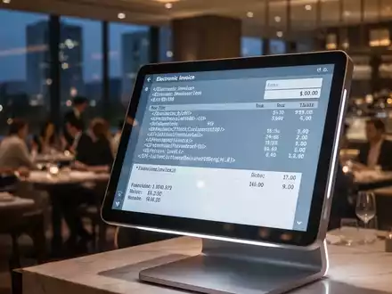 Ein modernes Kassensystem in einem Restaurant zeigt digitale Rechnungsdaten auf dem Bildschirm, unscharfer Restaurant-Hintergrund. - Foto: über boerse-global.de
