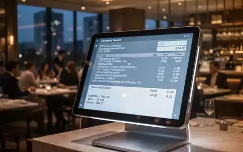 Ein modernes Kassensystem in einem Restaurant zeigt digitale Rechnungsdaten auf dem Bildschirm, unscharfer Restaurant-Hintergrund. - Foto: über boerse-global.de