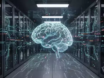 Ein futuristischer Serverraum mit leuchtenden Schaltkreisen und einer holografischen Projektion eines Gehirnnetzwerks. - Foto: über boerse-global.de