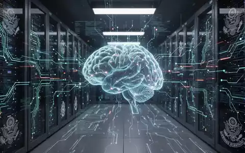 Ein futuristischer Serverraum mit leuchtenden Schaltkreisen und einer holografischen Projektion eines Gehirnnetzwerks. - Foto: über boerse-global.de