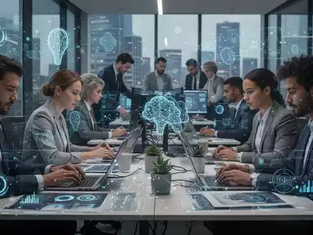 Eine Gruppe von Fachleuten arbeitet in einem modernen Büro, umgeben von digitalen Schnittstellen und Datenvisualisierungen, die KI-Integration symbolisieren. - Foto: über boerse-global.de