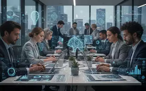 Eine Gruppe von Fachleuten arbeitet in einem modernen Büro, umgeben von digitalen Schnittstellen und Datenvisualisierungen, die KI-Integration symbolisieren. - Foto: über boerse-global.de