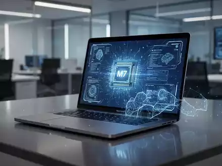 Ein modernes Apple MacBook Pro mit leuchtendem Touchscreen und dezenten visuellen Hinweisen auf KI-Chips. - Foto: über boerse-global.de