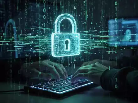 Ein digitales Vorhängeschloss, umgeben von fließenden Datenströmen und Binärcode, symbolisiert Cybersicherheit und Datenschutz. - Foto: über boerse-global.de