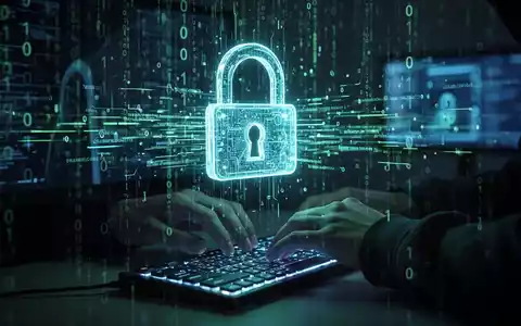 Ein digitales Vorhängeschloss, umgeben von fließenden Datenströmen und Binärcode, symbolisiert Cybersicherheit und Datenschutz. - Foto: über boerse-global.de