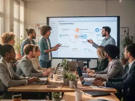 Fachleute besprechen digitale Marketingstrategien an einem großen Bildschirm in einem modernen Büro. - Foto: über boerse-global.de