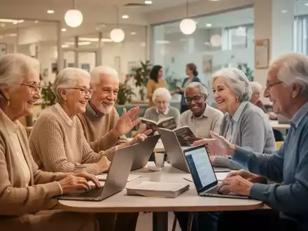 Eine Gruppe von Senioren interagiert in einem hellen, modernen Gemeinschaftsraum, einige unterhalten sich, andere nutzen Laptops. - Foto: über boerse-global.de