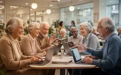 Eine Gruppe von Senioren interagiert in einem hellen, modernen Gemeinschaftsraum, einige unterhalten sich, andere nutzen Laptops. - Foto: über boerse-global.de