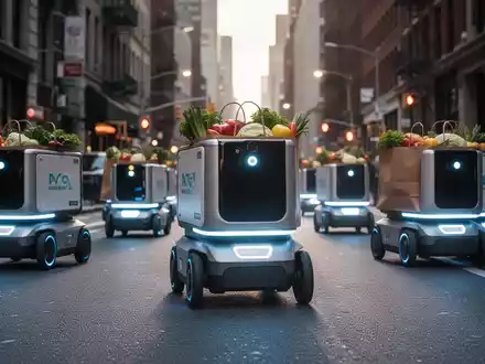Eine Flotte kleiner, autonomer Lieferroboter mit leuchtenden Lichtern fährt durch eine Stadtstraße und transportiert Einkaufstüten. - Foto: über boerse-global.de