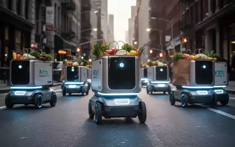 Eine Flotte kleiner, autonomer Lieferroboter mit leuchtenden Lichtern fährt durch eine Stadtstraße und transportiert Einkaufstüten. - Foto: über boerse-global.de