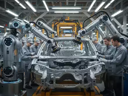 Humanoides Robotermodell in metallischem Design an einer Auto-Montagelinie, arbeitet mit Menschen zusammen. - Foto: über boerse-global.de