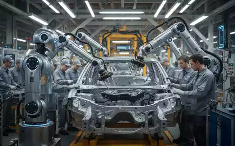 Humanoides Robotermodell in metallischem Design an einer Auto-Montagelinie, arbeitet mit Menschen zusammen. - Foto: über boerse-global.de