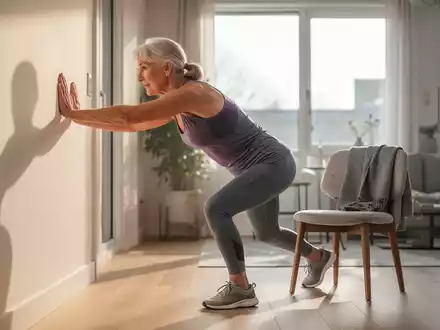 Eine aktive ältere Frau in Sportkleidung macht eine Morgenübung in einem hellen, modernen Zuhause, um Kraft und Beweglichkeit zu fördern. - Foto: über boerse-global.de