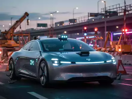 Futuristisches Robotaxi hält vor Baustelle mit hellen Lichtern und Absperrungen, symbolisiert Software-Rückruf. - Foto: über boerse-global.de