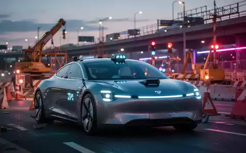 Futuristisches Robotaxi hält vor Baustelle mit hellen Lichtern und Absperrungen, symbolisiert Software-Rückruf. - Foto: über boerse-global.de