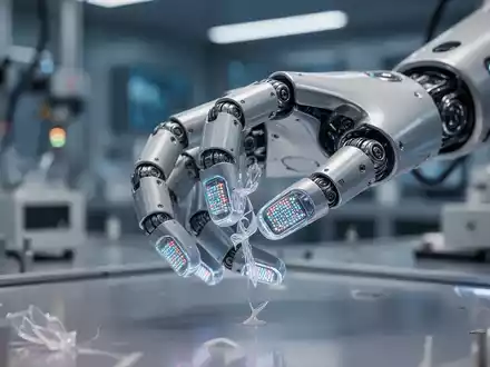 Detailaufnahme einer Roboterhand mit fortschrittlichen taktilen Sensoren an den Fingerspitzen in einer Hightech-Umgebung. - Foto: über boerse-global.de