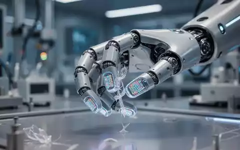 Detailaufnahme einer Roboterhand mit fortschrittlichen taktilen Sensoren an den Fingerspitzen in einer Hightech-Umgebung. - Foto: über boerse-global.de
