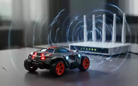 Ein Spielzeug-Funkauto im Vordergrund, unscharf, mit einem unscharfen WLAN-Router im Hintergrund, der Störungen aussendet. - Foto: über boerse-global.de