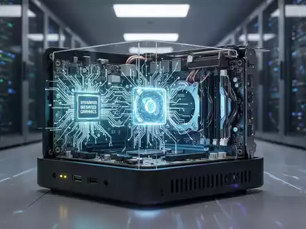 Nahaufnahme der Innenkomponenten eines Mini-PCs mit leuchtenden Schaltkreisen, integriertem Chip und dedizierter Grafikkarte. - Foto: über boerse-global.de