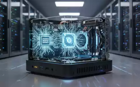 Nahaufnahme der Innenkomponenten eines Mini-PCs mit leuchtenden Schaltkreisen, integriertem Chip und dedizierter Grafikkarte. - Foto: über boerse-global.de